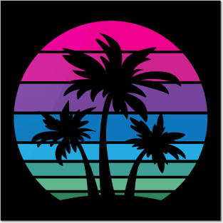 Retro 80s and 90s Tropical Beach Style Palm Tree Sunset Design Posters and Art